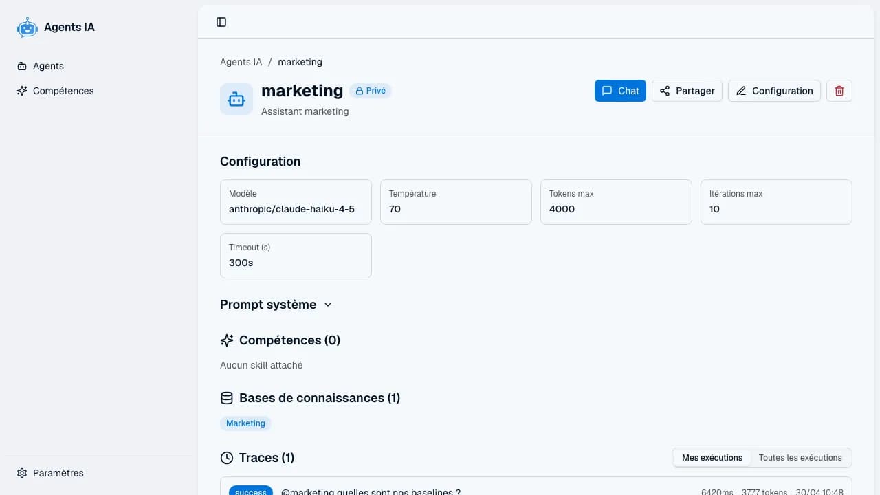 Conversation avec un agent — input avec streaming et traces d'exécution