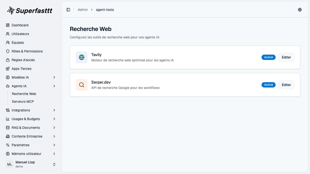 Page Recherche Web — fournisseurs disponibles (Tavily, Serper.dev) avec leur statut et bouton Éditer pour configurer la clé API