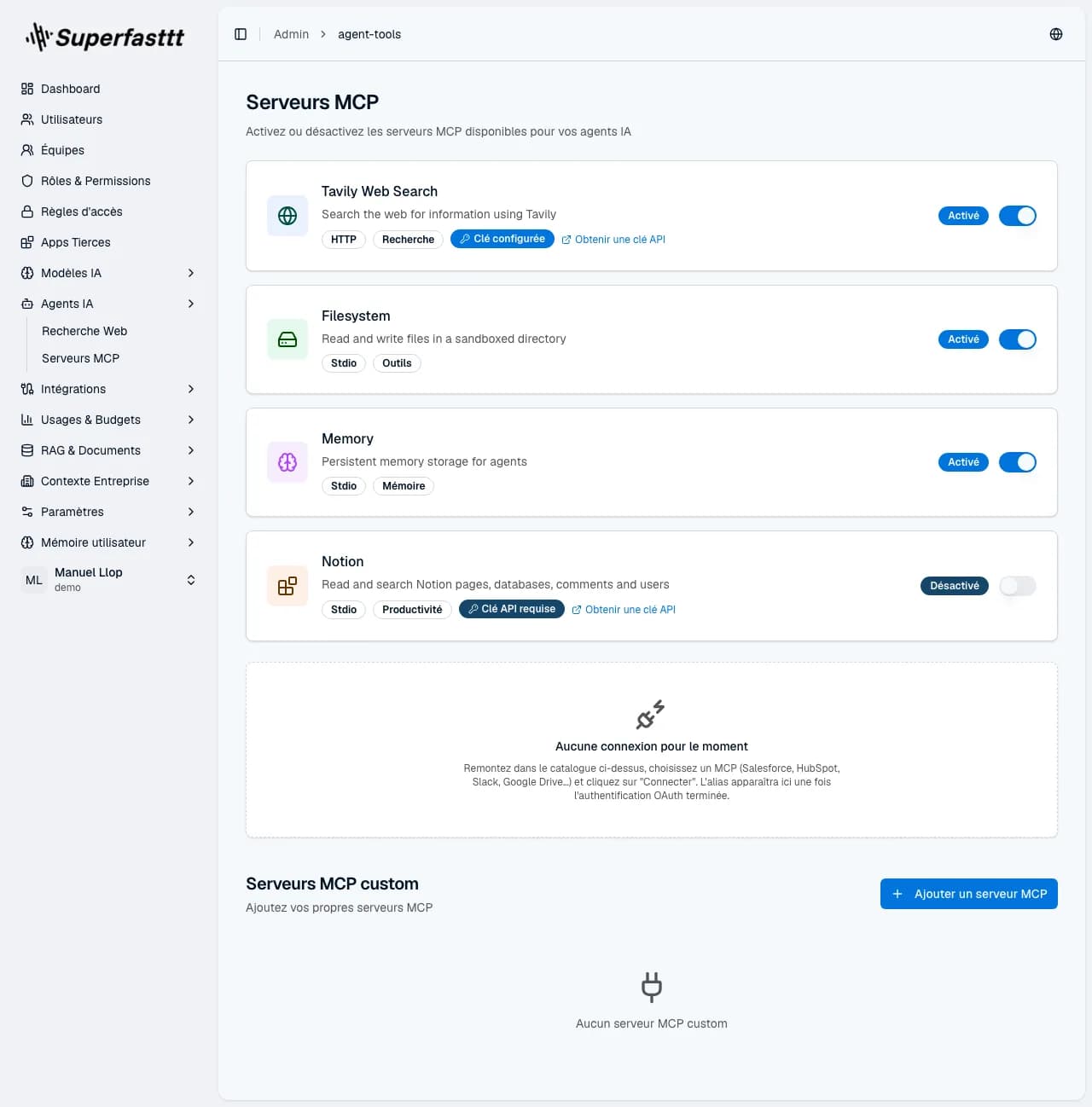 Page Serveurs MCP — catalogue des MCP disponibles, statut de connexion et liste des connexions externes de l'instance