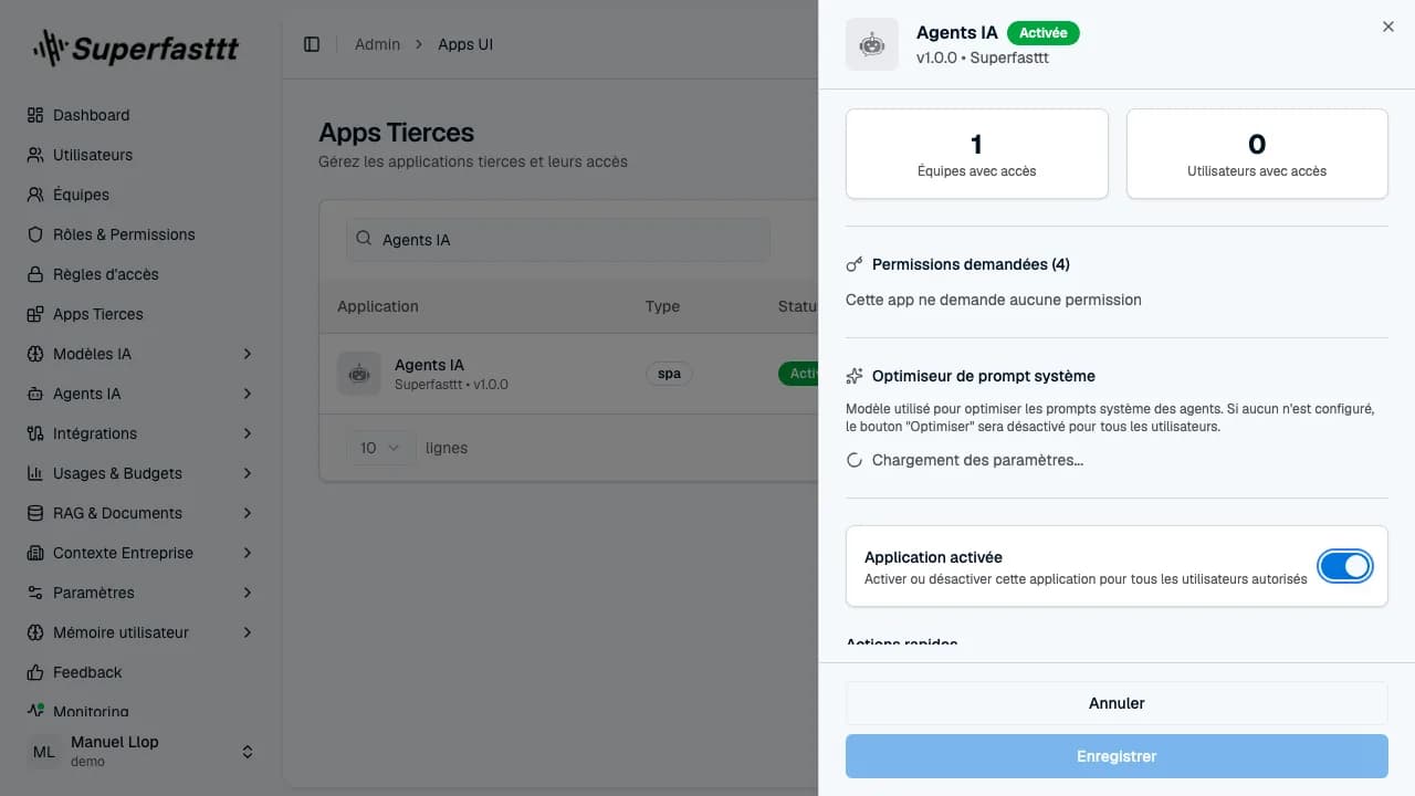 Panneau Détail de l'app Agents IA — section Optimiseur de prompt système avec sélecteur Modèle LLM