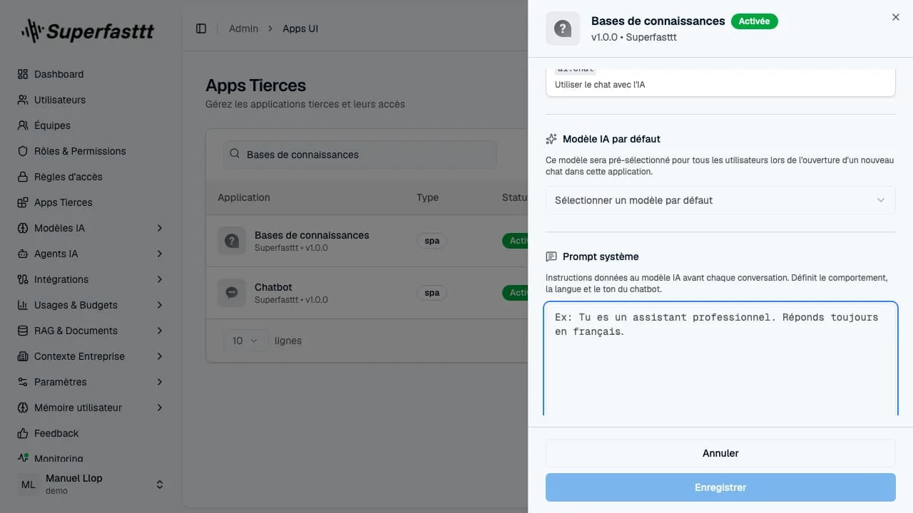 Panneau Détail de l'app Bases de connaissances — section Prompt système avec zone de texte (10 000 caractères max) et bouton Enregistrer