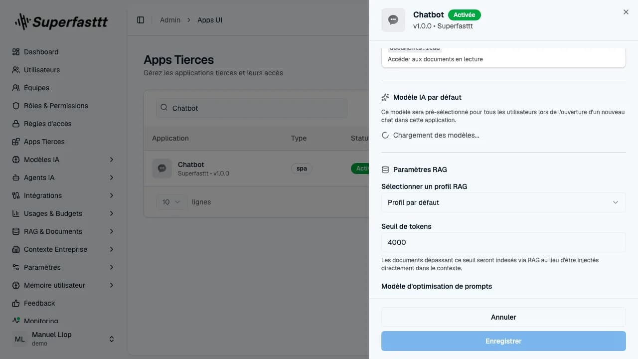 Panneau Détail de l'app Chatbot — sections Modèle IA par défaut et Paramètres RAG (profil RAG, seuil de tokens, modèle d'optimisation de prompts)