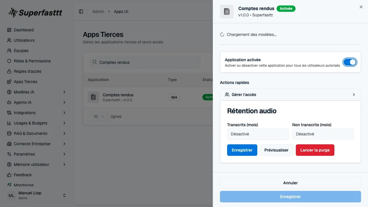 Panneau Détail de l'app Comptes rendus — section Rétention audio avec champs Transcrits / Non transcrits et boutons Enregistrer / Prévisualiser / Lancer la purge