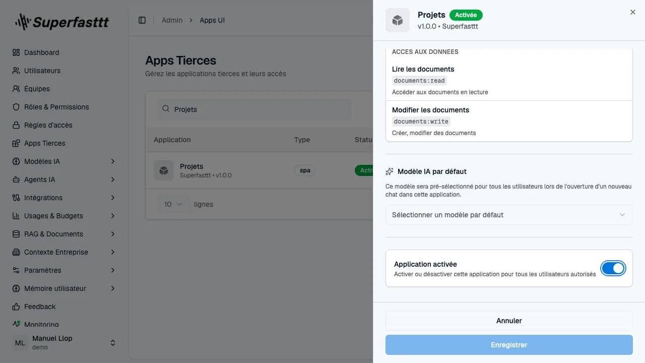 Panneau Détail de l'app Projets — section Modèle IA par défaut avec sélecteur « Sélectionner un modèle par défaut »