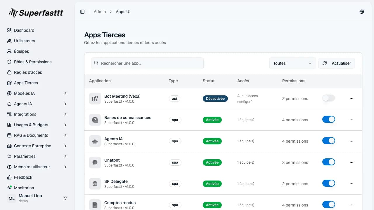 Page Apps Tierces — recherche, filtre Statut, bouton Actualiser et tableau listant les applications avec leurs statuts