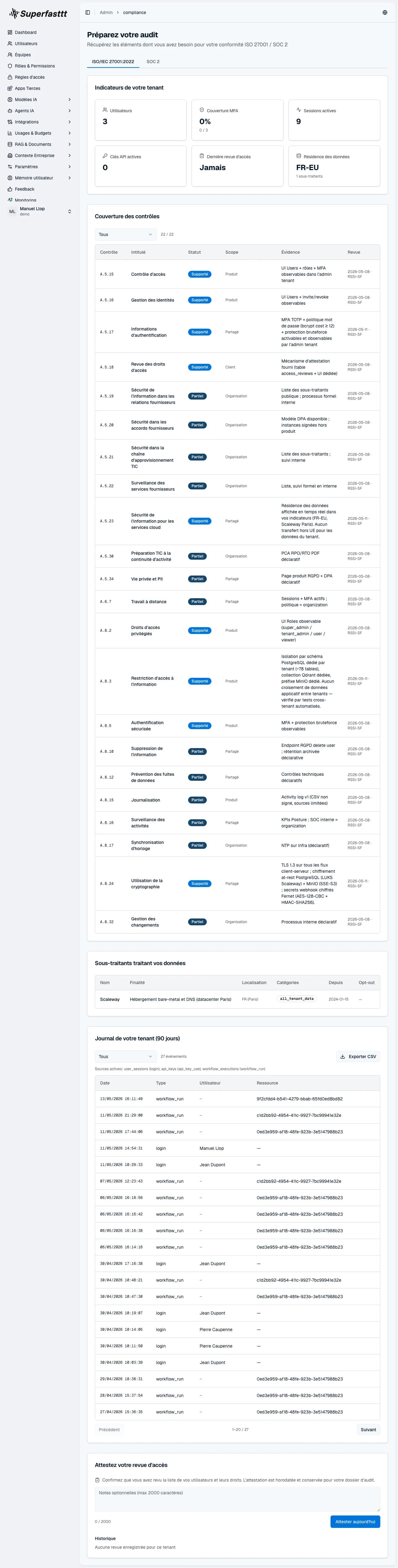 Page Conformité ISO 27001 — indicateurs de couverture, tableau des contrôles avec statut, sous-traitants ayant accès aux données et journal des révisions