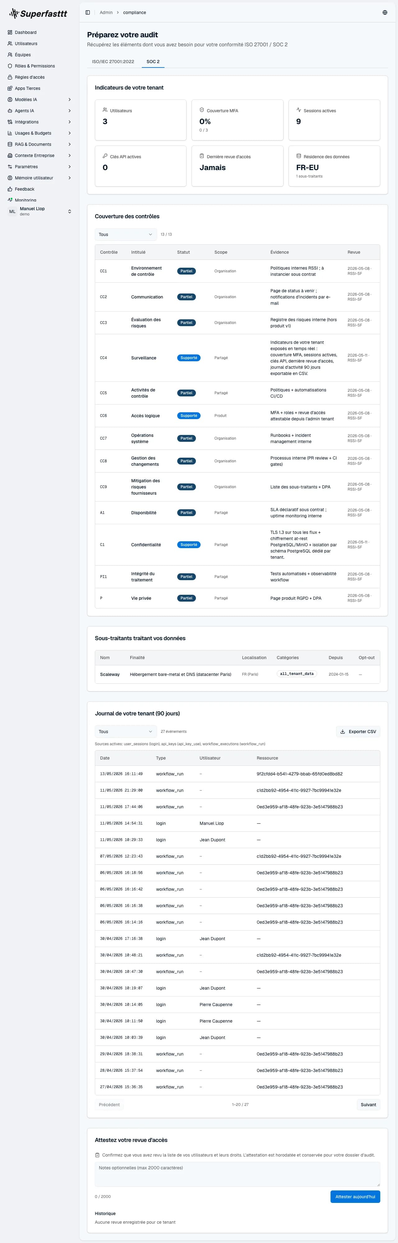 Page Conformité SOC 2 — indicateurs de couverture, tableau des contrôles SOC 2 avec statut et journal des révisions