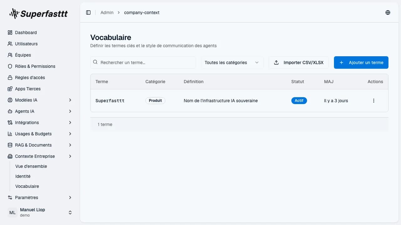 Page Vocabulaire et style — recherche, filtres et tableau des termes métier avec leurs définitions, synonymes et notes IA