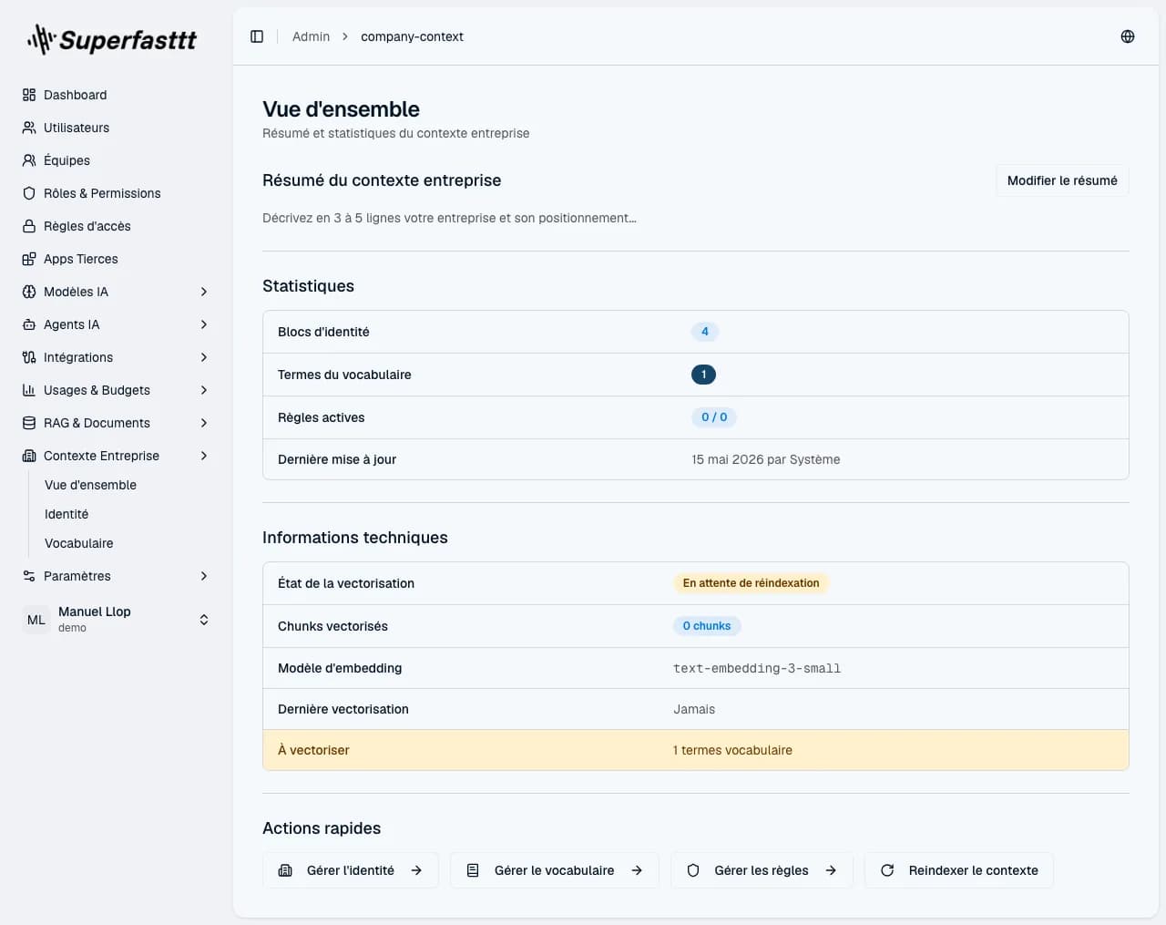 Page Vue d'ensemble du Contexte Entreprise — résumé du contexte, statistiques (blocs / termes / règles), informations techniques et actions rapides de vectorisation