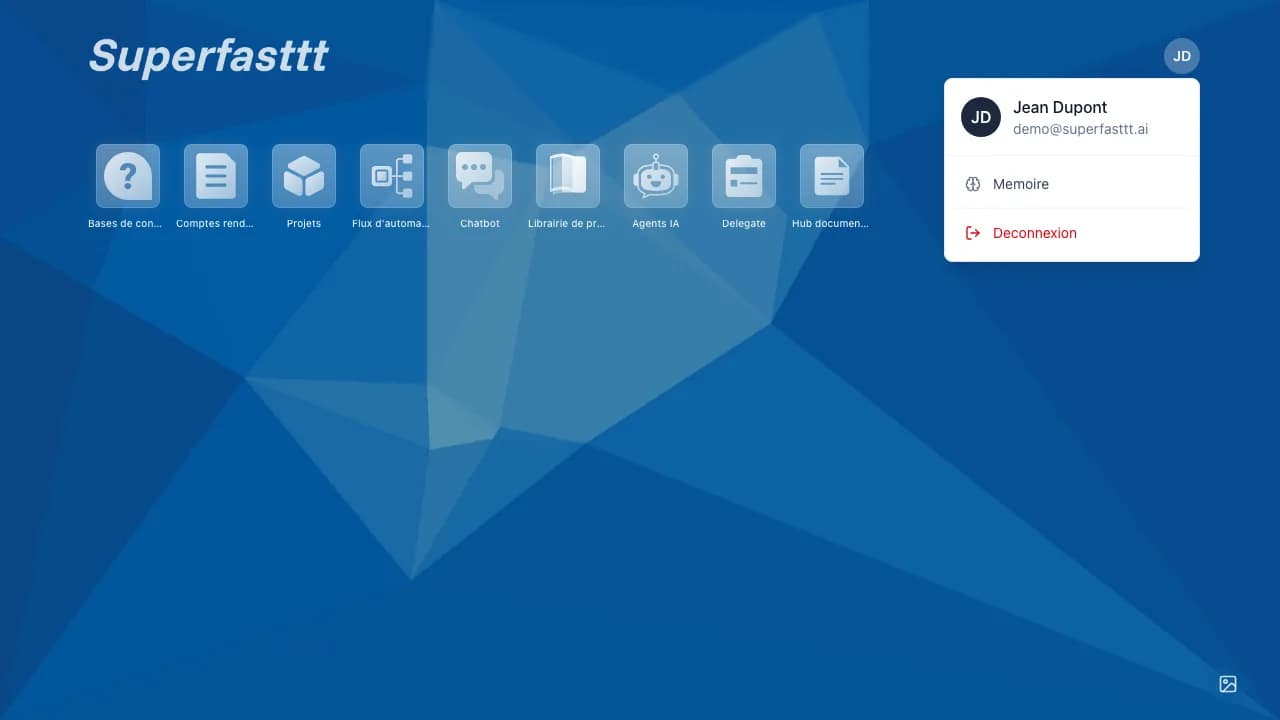 Tableau de bord — menu profil ouvert avec mémoire et déconnexion