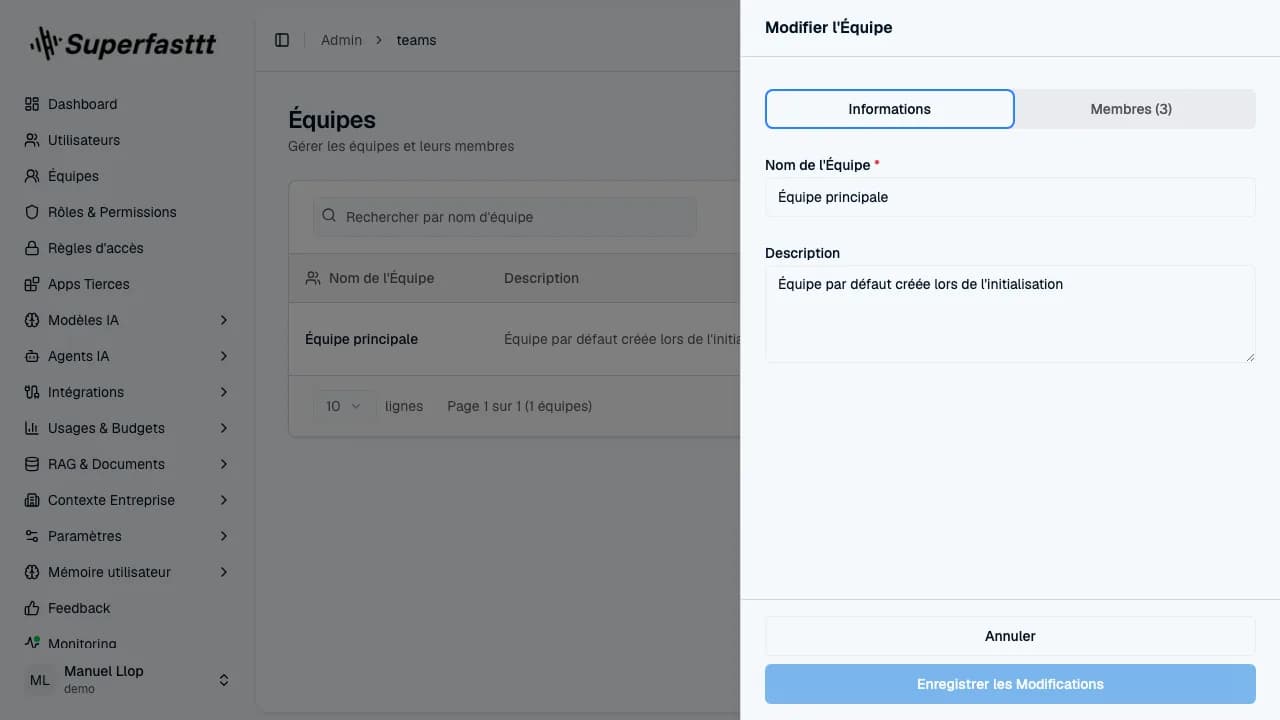 Panneau « Modifier l'Équipe » — onglet Informations avec le nom et la description
