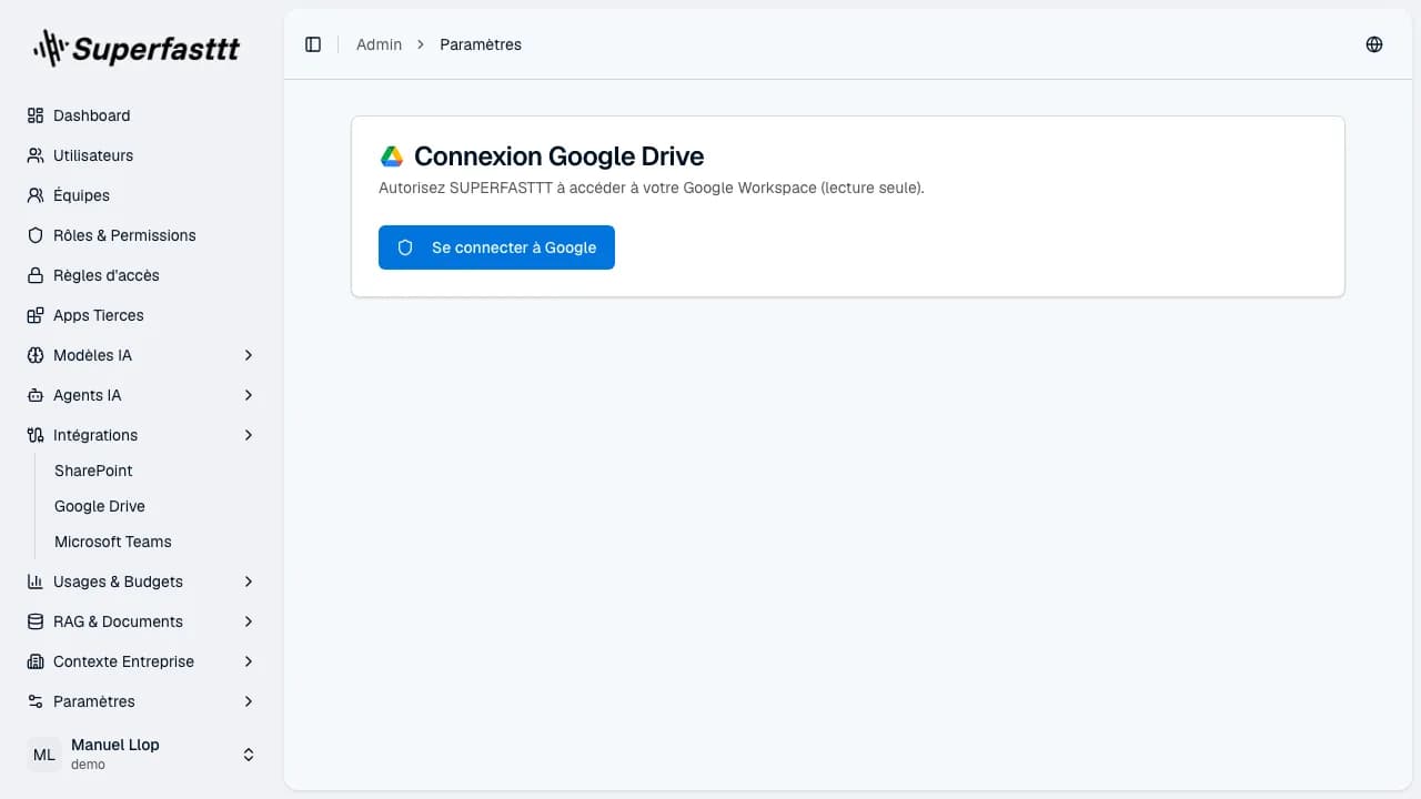 Page Google Drive — carte de connexion Google Drive avec bouton de connexion OAuth et liste des sync targets