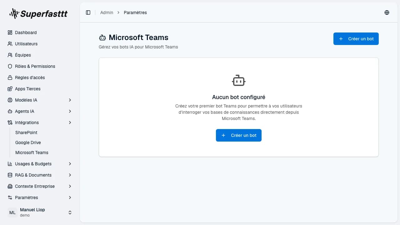 Page Microsoft Teams — configuration du bot Teams (manifest, App ID, autorisations) et statut d'installation