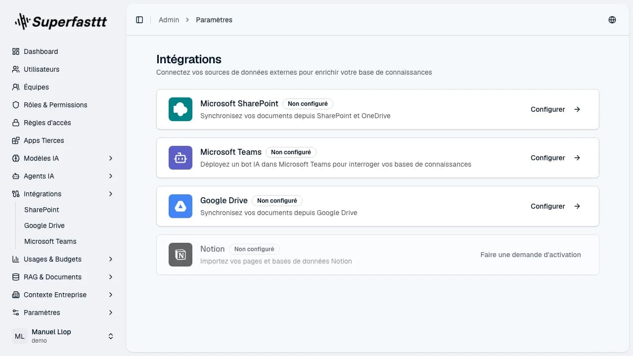 Page Intégrations — vue d'ensemble des connecteurs disponibles, leur statut de configuration et les actions de gestion globales (rechercher, ajouter, synchroniser tout, voir les logs)