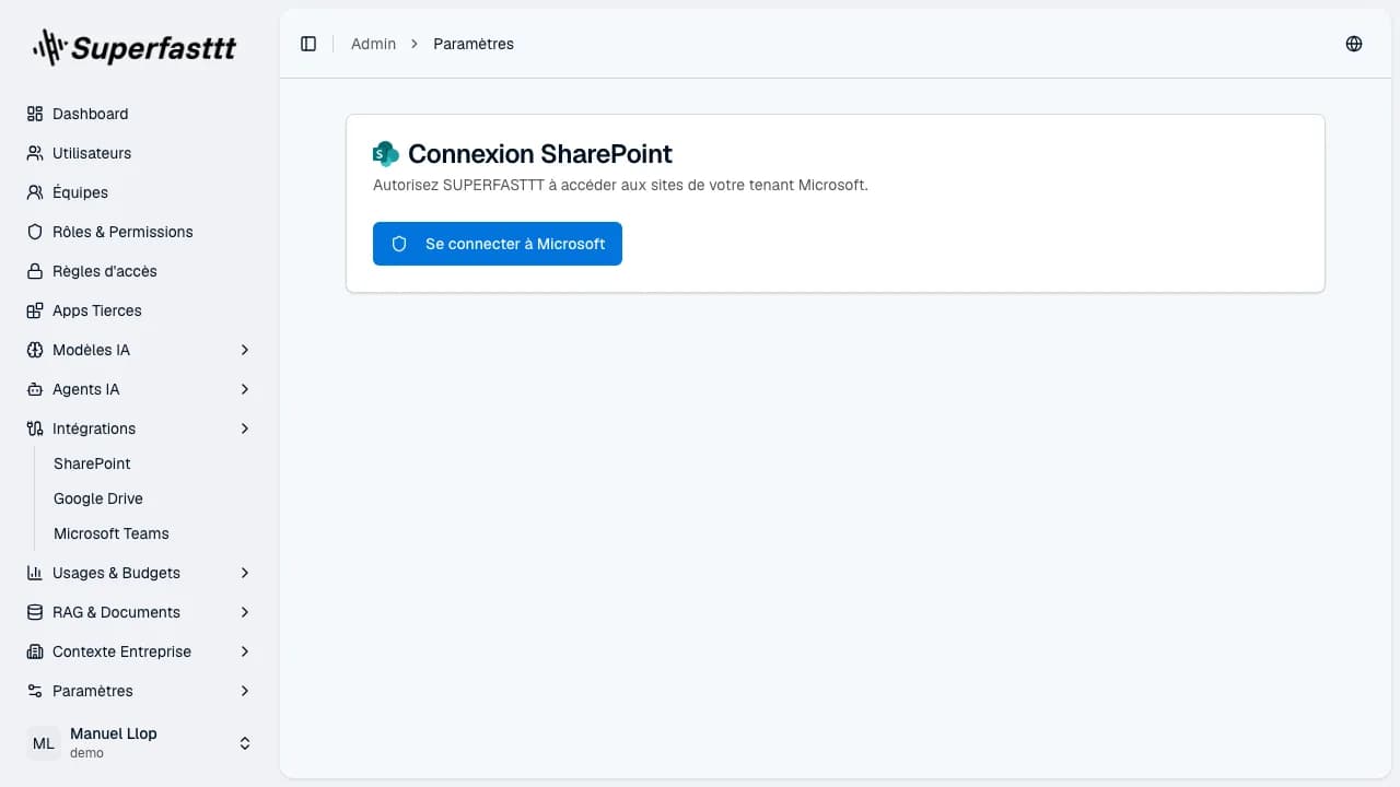 Page SharePoint — carte de connexion SharePoint avec bouton « Se connecter à Microsoft » pour autoriser l'accès aux sites SharePoint
