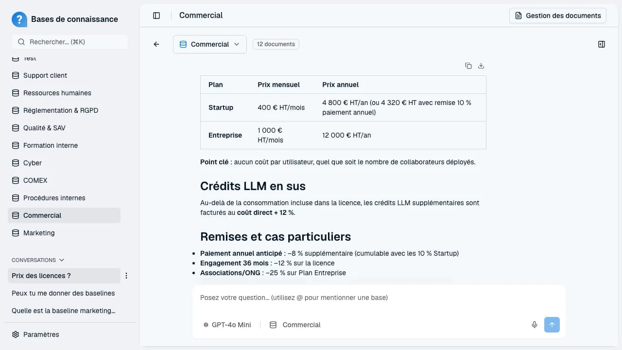 Conversation avec détail d'une source — passage extrait et score de pertinence