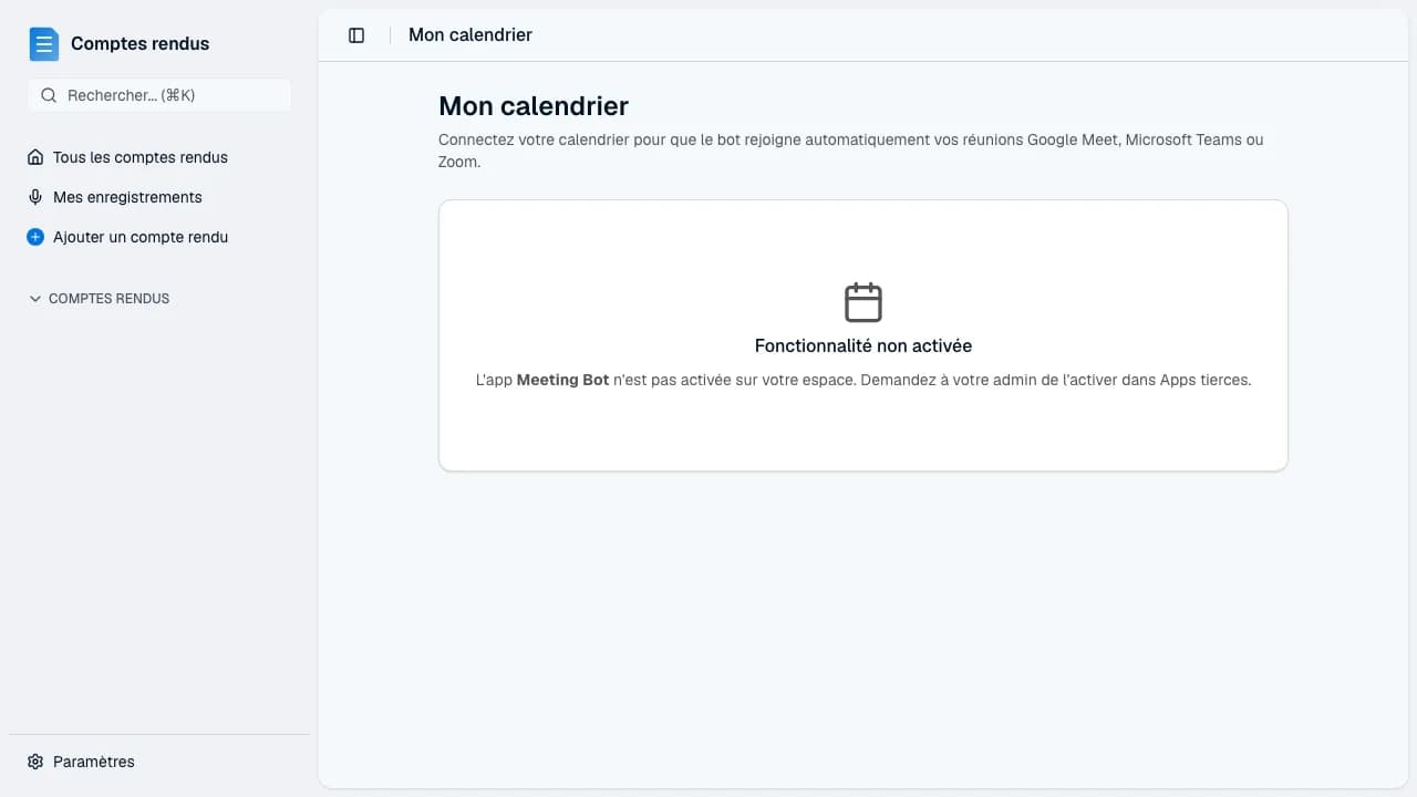 Page Paramètres → Calendrier — connexions Google Calendar et Outlook avec statut