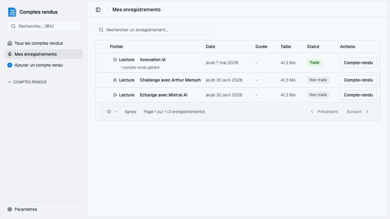 Page Enregistrements — liste des fichiers audio importés et statut de transcription