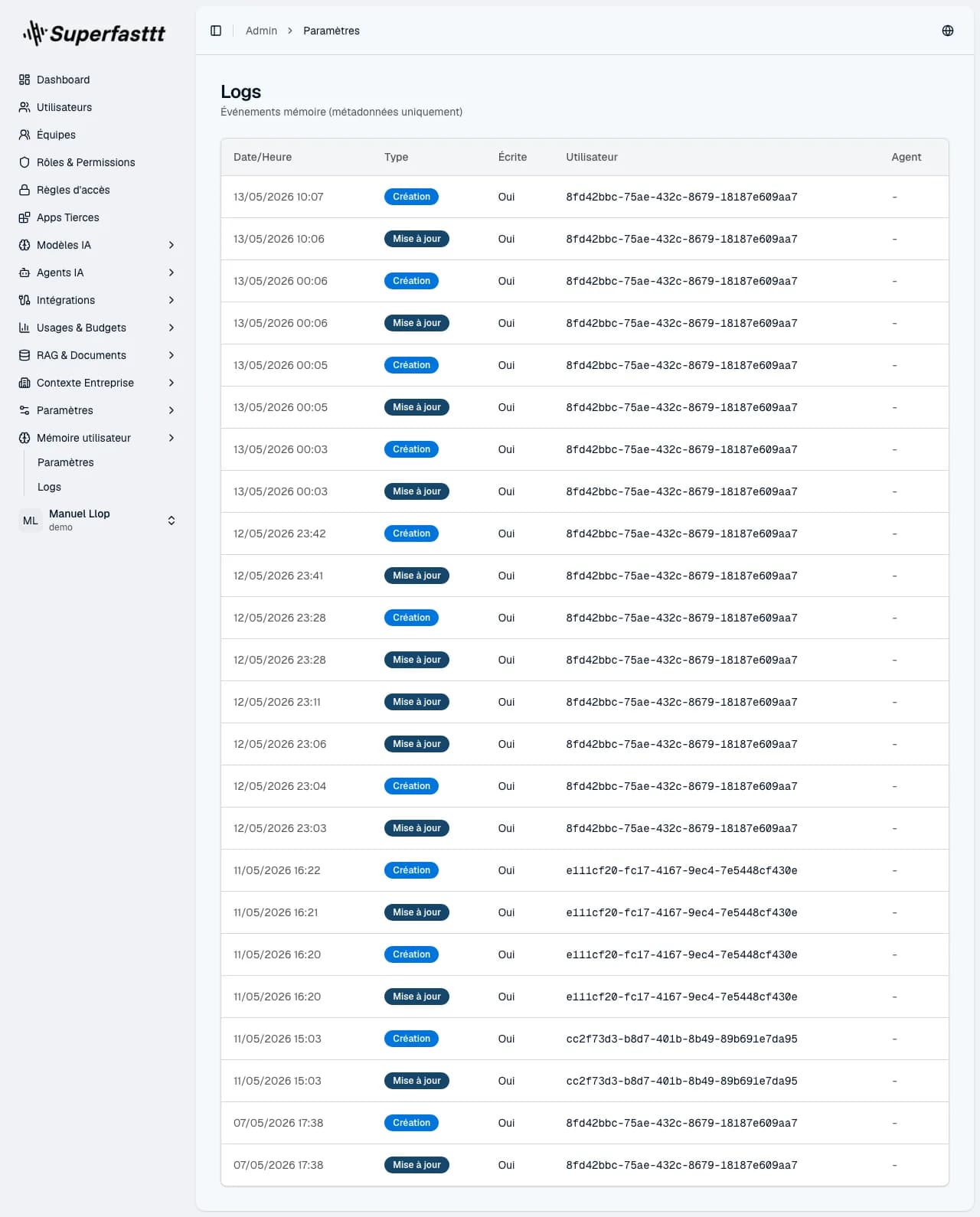 Page Logs — journal d'audit des opérations de mémoire avec colonnes Date/Heure / Type (Création/Mise à jour/Suppression) / Écrite / Utilisateur / Agent