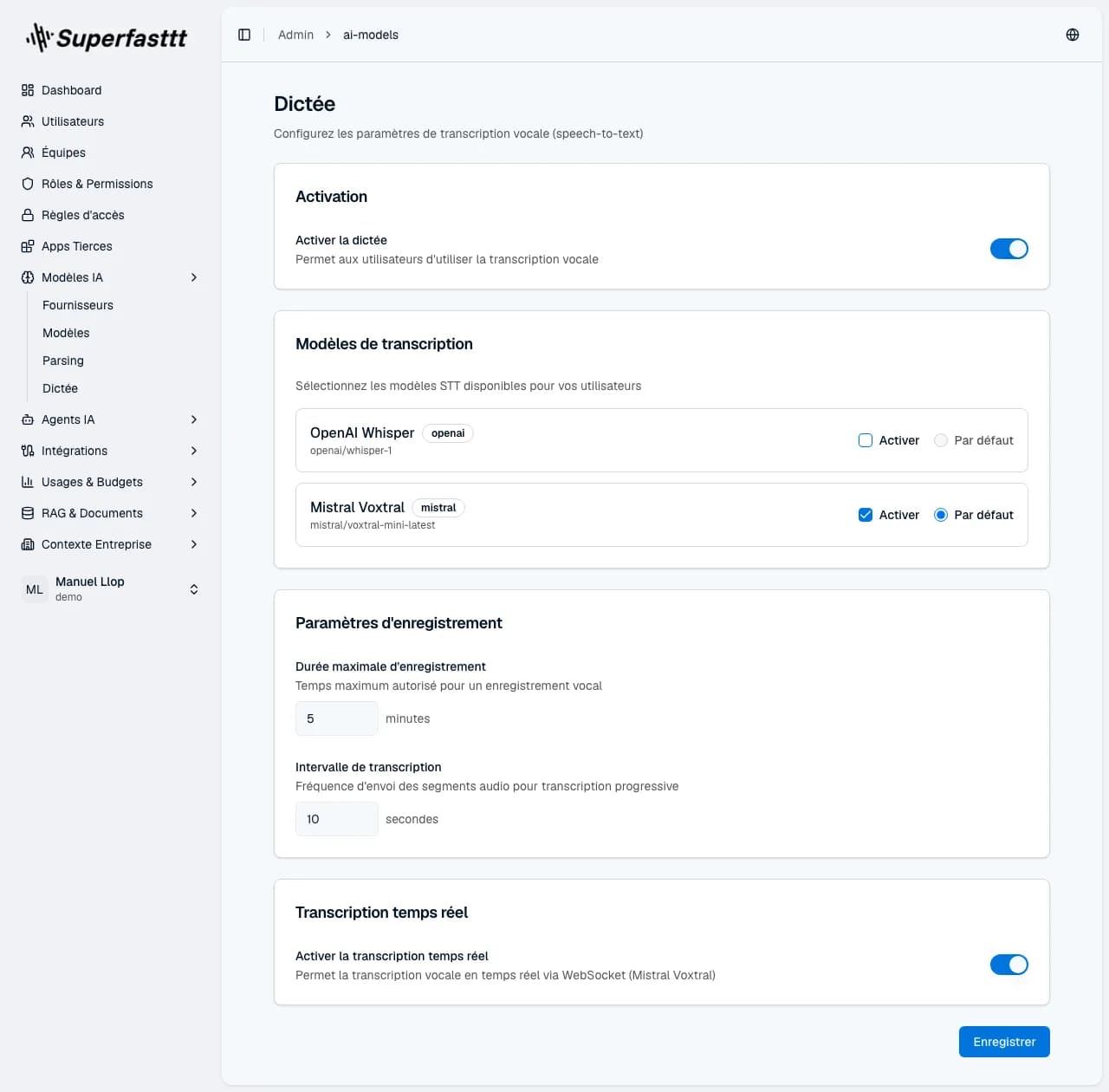 Page Dictée complète — cartes Activation, Modèles de transcription, Paramètres d'enregistrement, Transcription temps réel et bouton Enregistrer
