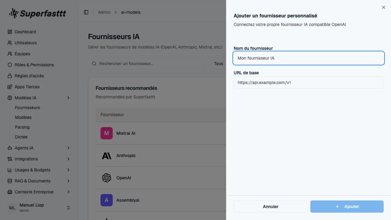 Panneau « Ajouter un fournisseur personnalisé » — champs Nom du fournisseur et URL de base, boutons Annuler / Ajouter