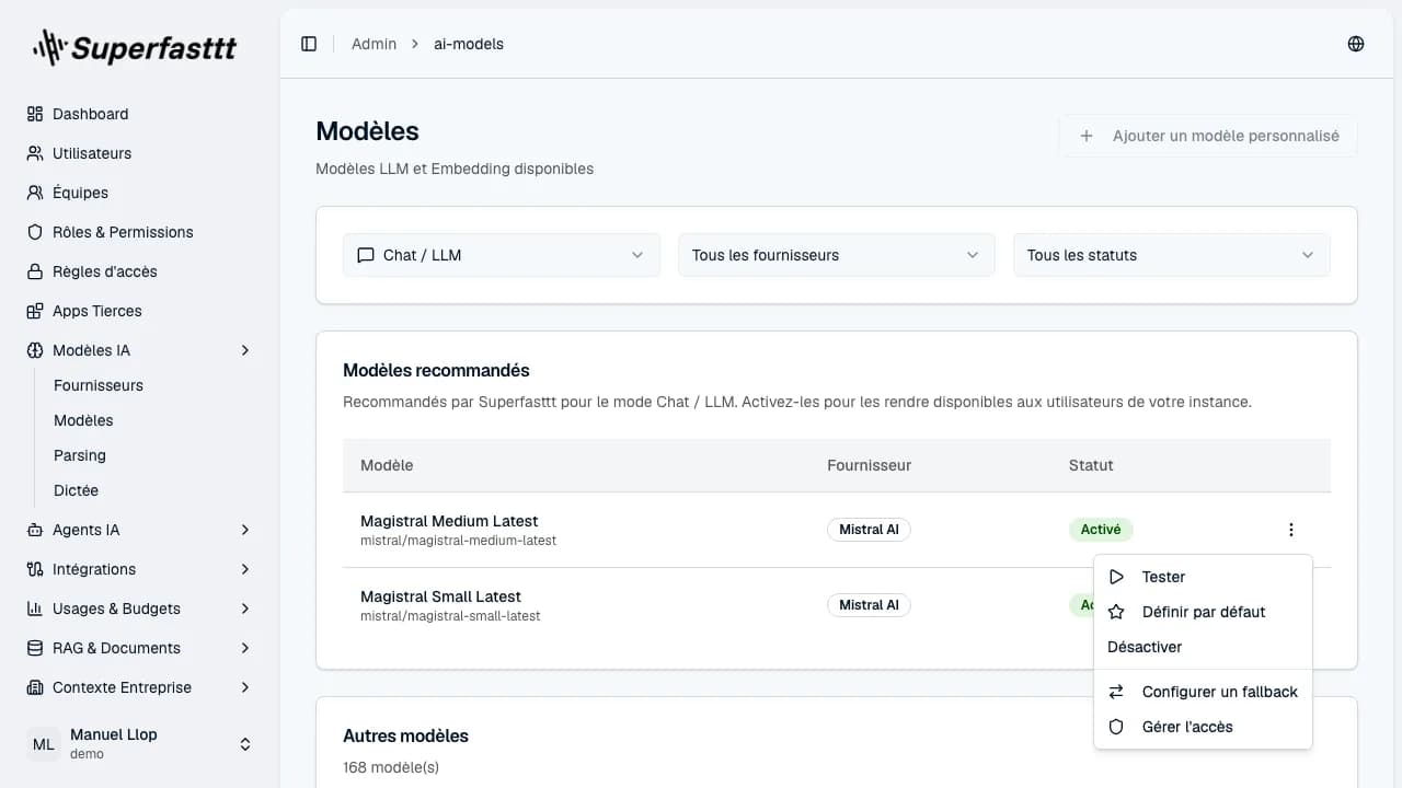 Menu d'actions ouvert sur une ligne de modèle — Tester, Définir par défaut, Désactiver, Configurer un fallback, Gérer l'accès