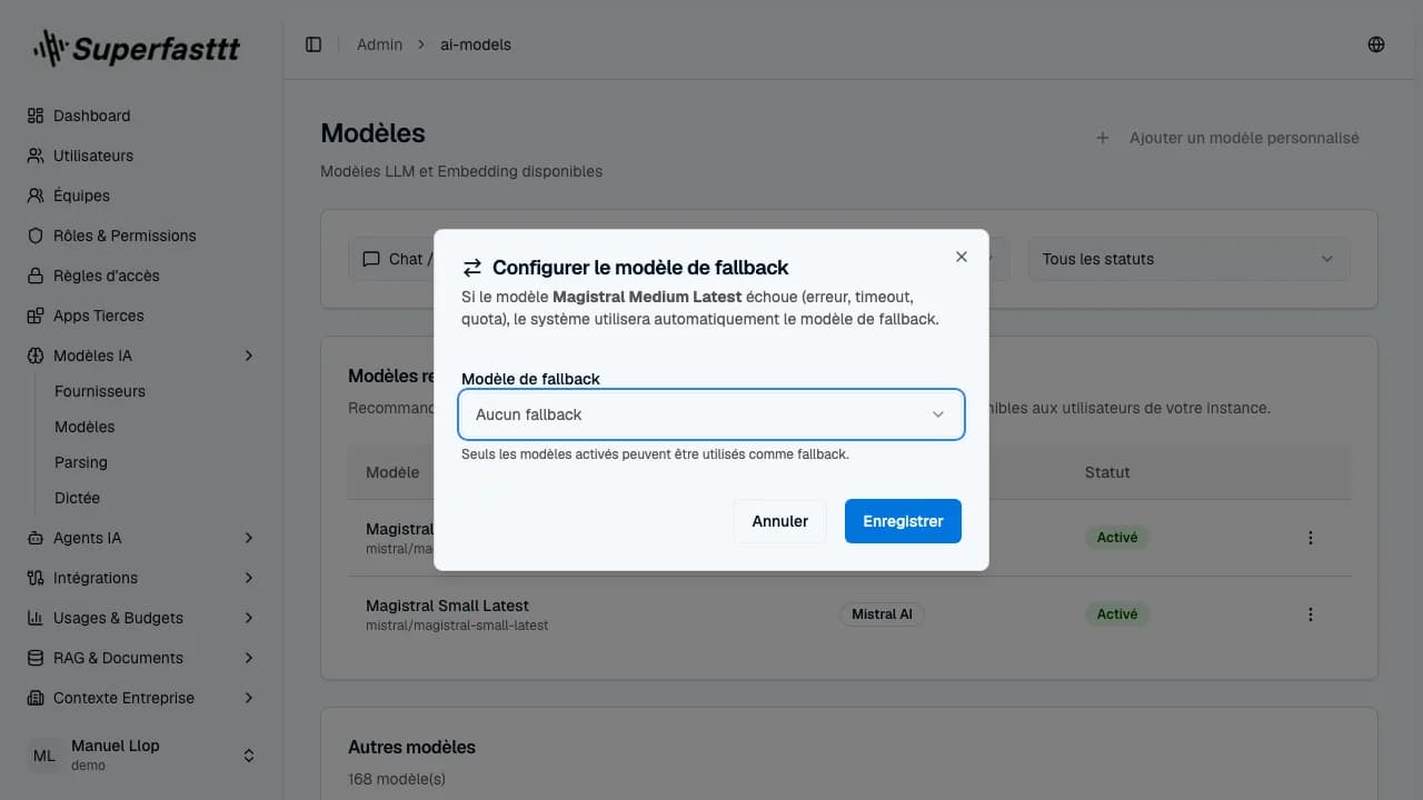 Fenêtre « Configurer le modèle de fallback » — sélecteur de modèle de repli avec rappel « Seuls les modèles activés peuvent être utilisés comme fallback »