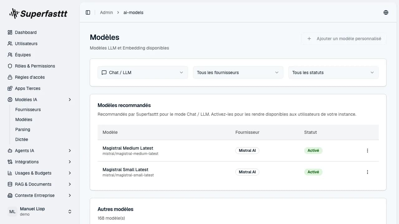 Page Modèles — filtres Type / Fournisseur / Statut et tableau « Modèles recommandés » avec badge Activé