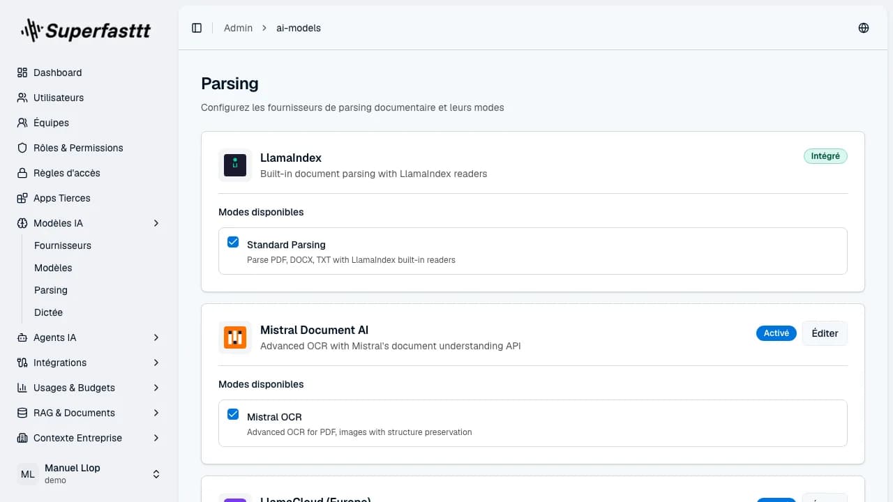 Page Parsing — cartes des fournisseurs (LlamaIndex Intégré, Mistral Document AI Activé) avec leurs modes disponibles cochés