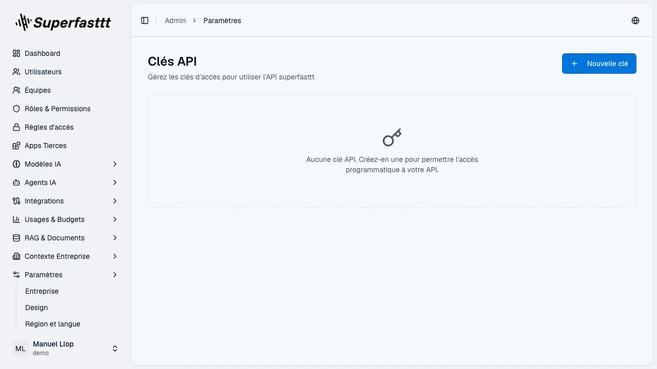 Page Clés API — liste des clés API de l'instance, scopes accordés, dates de création et d'expiration