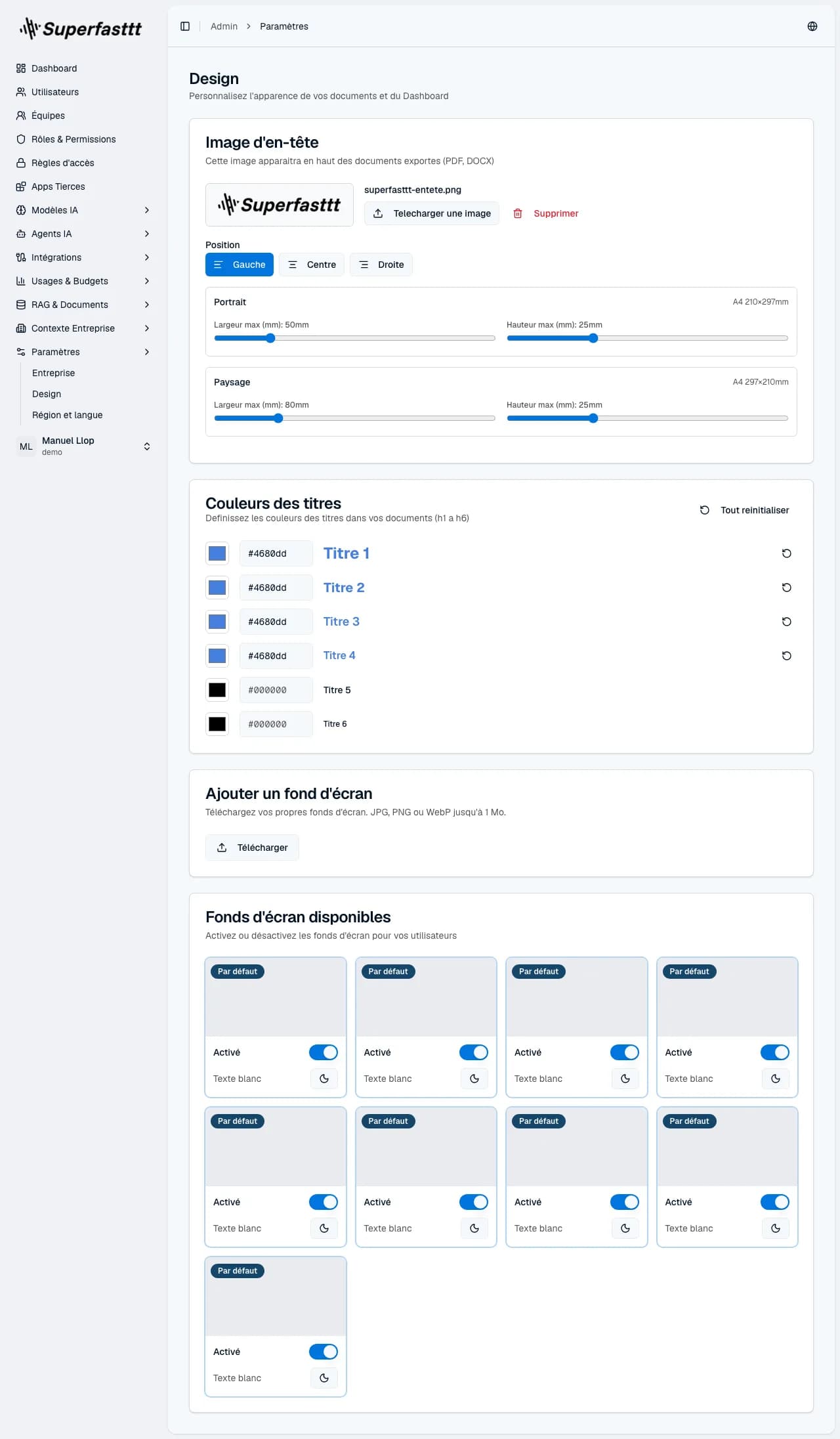 Page Design — image d'en-tête des documents, position et marges, couleurs des titres (Titre 1 à 6) et fonds d'écran disponibles