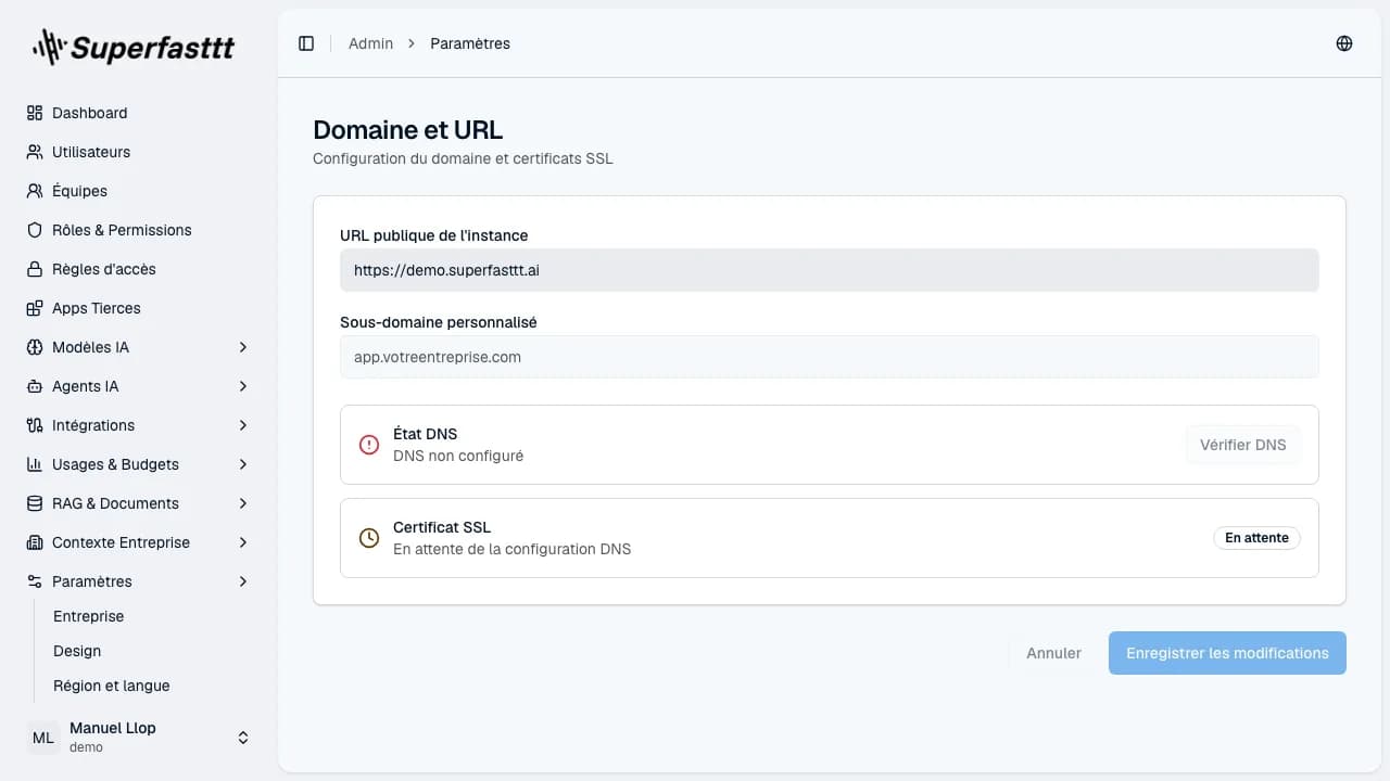 Page Domaine et URL — domaine personnalisé de l'instance et URL de connexion