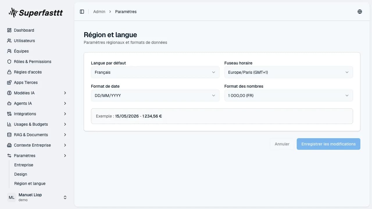 Page Région et langue — sélecteurs de langue, fuseau horaire, format de date et devise par défaut de l'instance