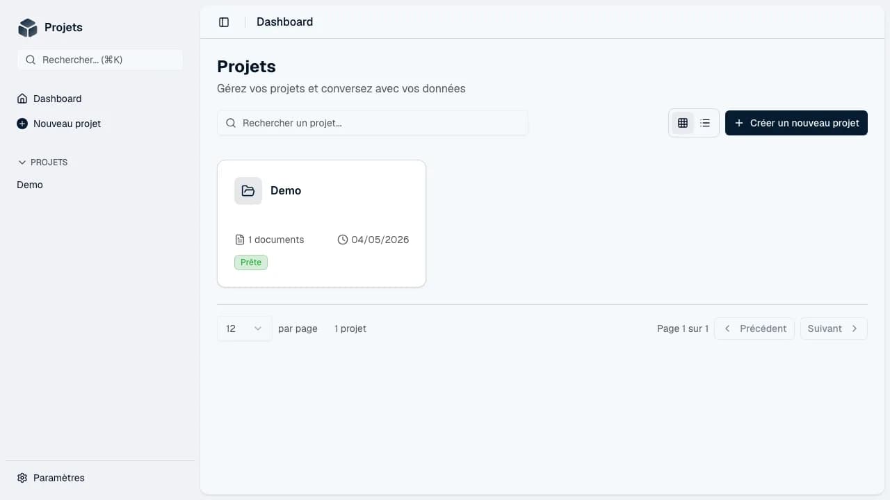 Projets — liste des projets avec badges de statut (Prête / Indexation)
