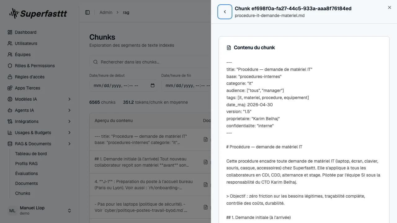 Panneau Aperçu d'un chunk — id du chunk + document source en en-tête, section Contenu du chunk avec le texte intégral structuré (DOCUMENT, SECTION, CONTENT)