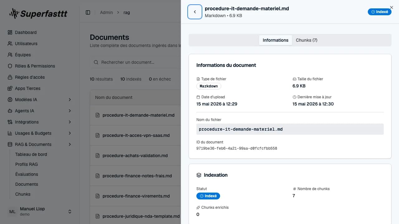 Panneau de détail d'un document — onglet Informations avec type, taille, dates, statut d'indexation, nombre de chunks et caractéristiques du profil RAG appliqué