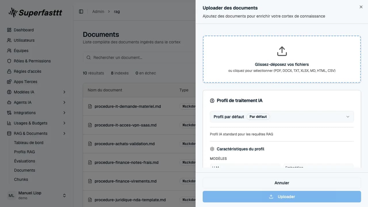 Panneau Uploader des documents — zone de glissé-déposé (PDF, DOCX, TXT, XLSX, MD, HTML, CSV), sélecteur Profil RAG et section Caractéristiques du profil