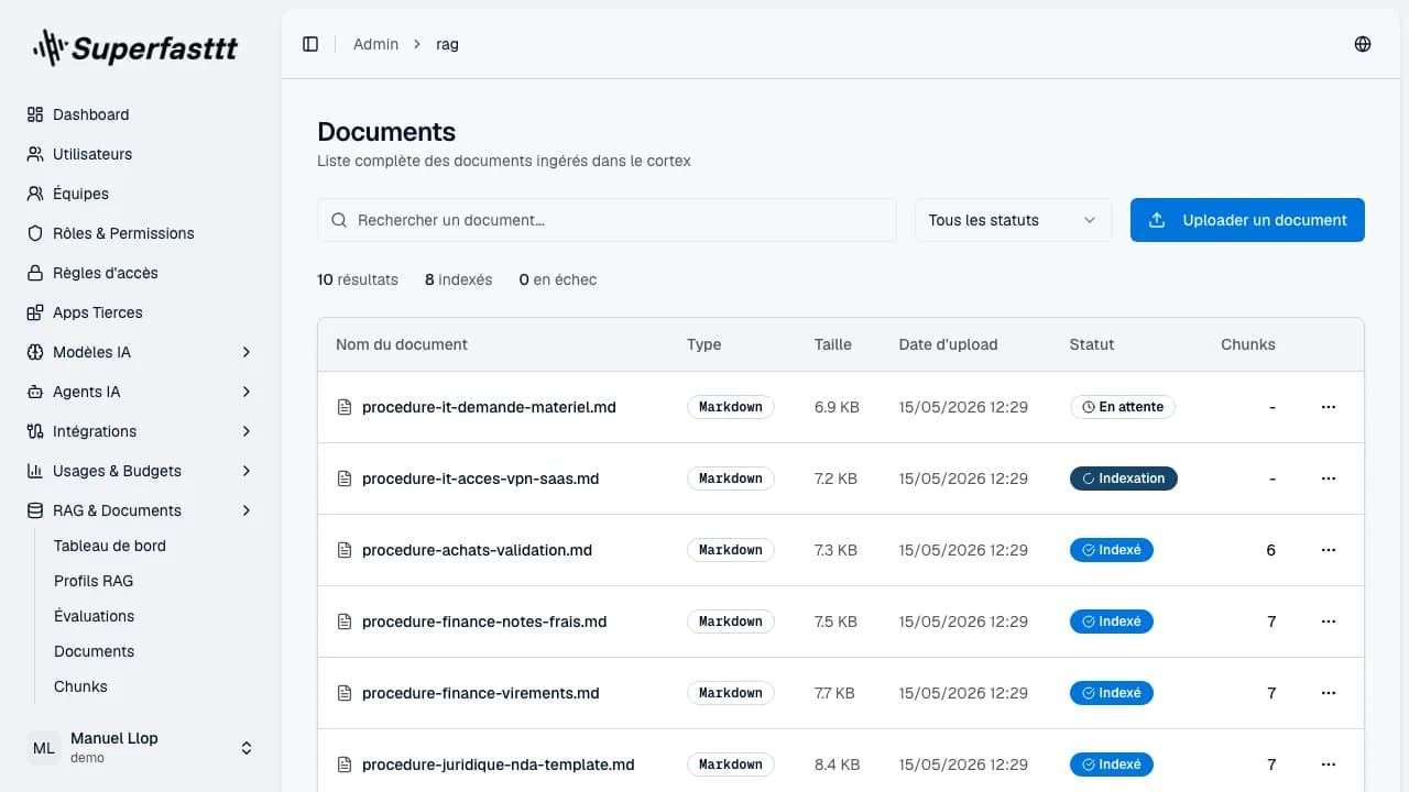 Page Documents — recherche, compteur résultats / indexés / en échec, tableau Nom / Type / Taille / Date / Statut / Chunks et bouton Uploader un document