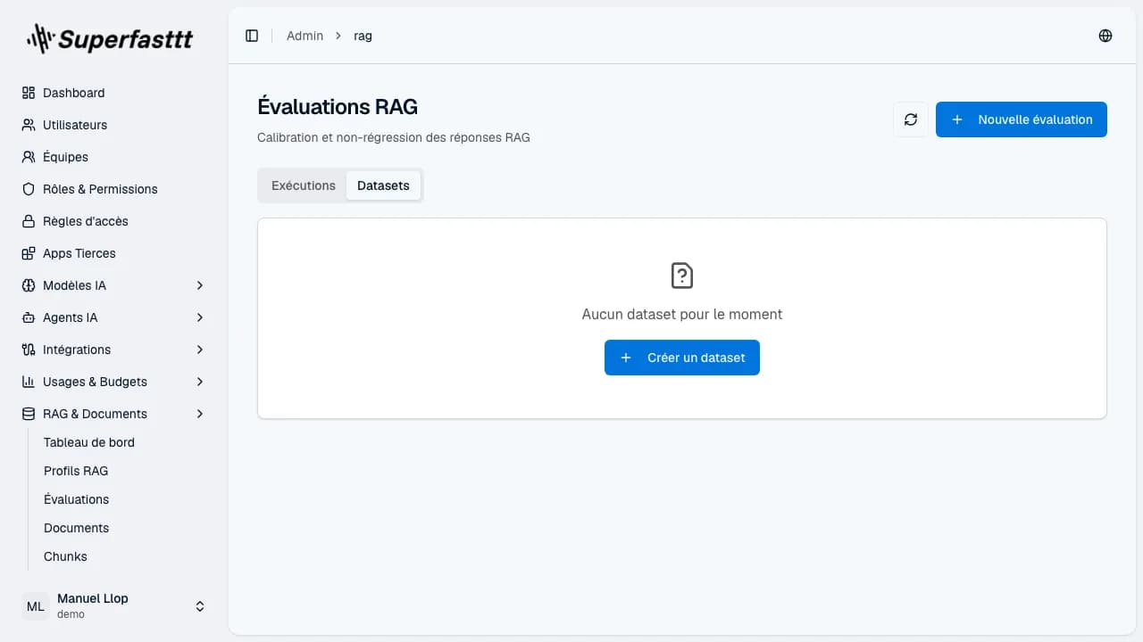 Page Évaluations RAG — onglet Datasets actif, état vide « Aucun dataset pour le moment » et bouton « Créer un dataset »
