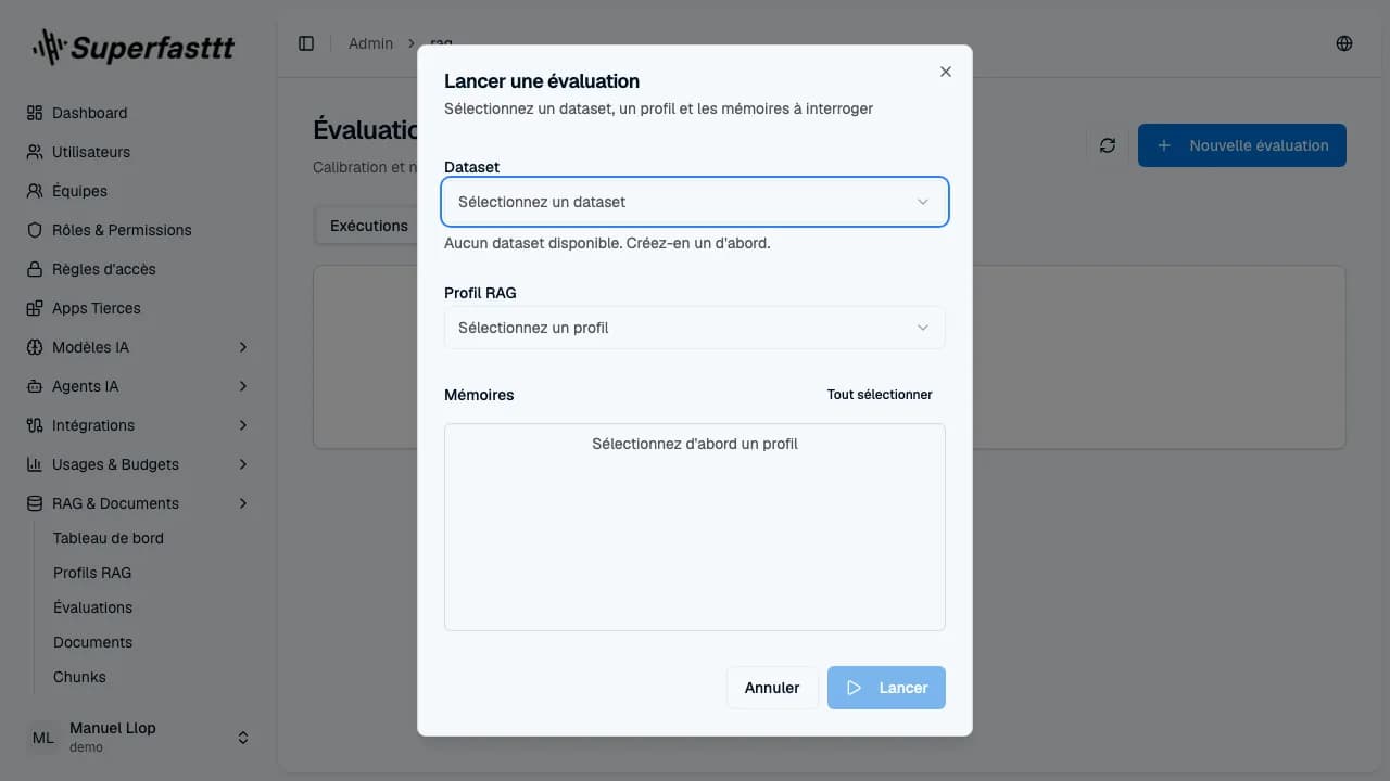 Dialogue Lancer une évaluation — sélecteurs Dataset, Profil RAG et Mémoires (Tout sélectionner), boutons Annuler / Lancer