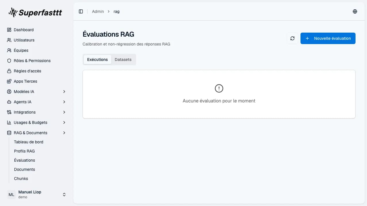 Page Évaluations RAG — onglet Exécutions actif, état vide « Aucune évaluation pour le moment » et bouton « Nouvelle évaluation »