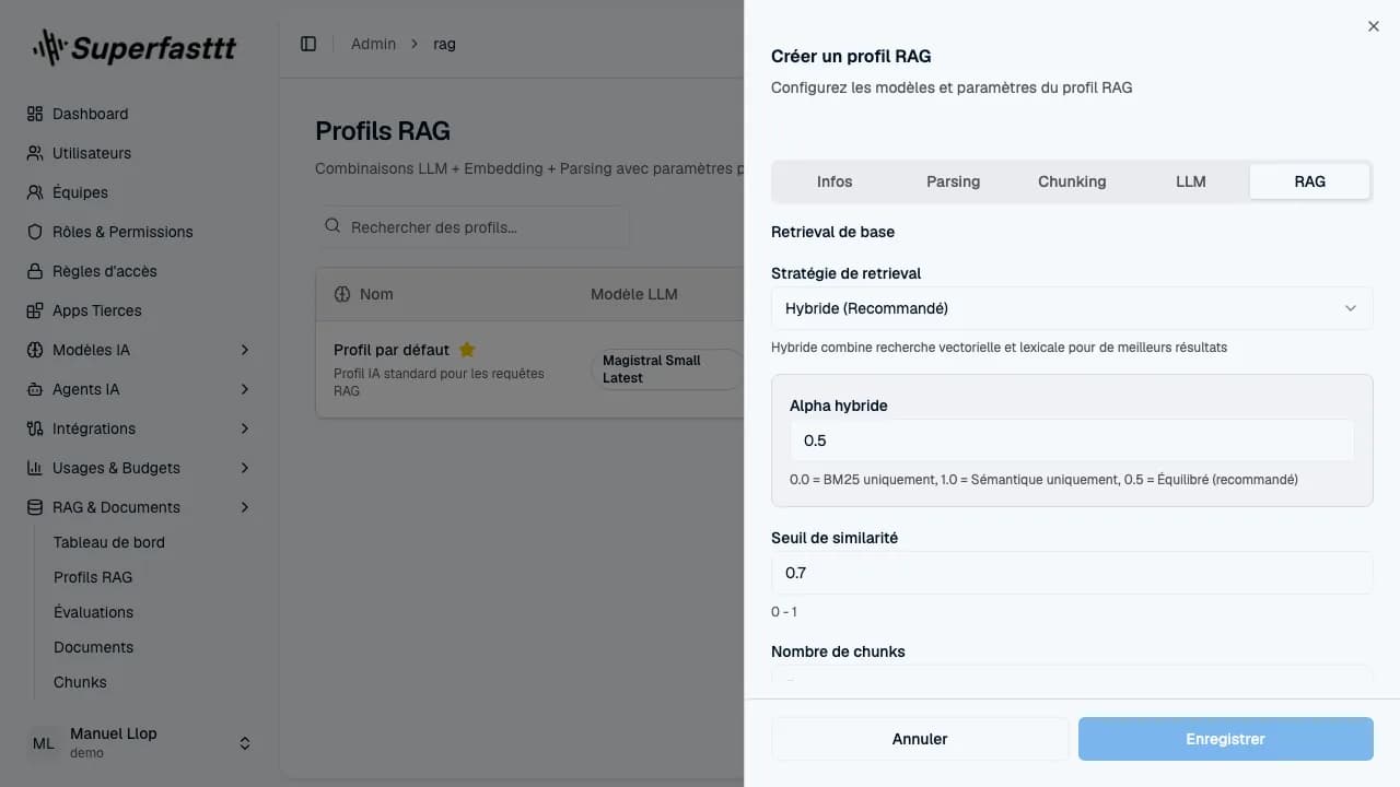 Panneau Créer un profil RAG — onglet RAG actif avec Stratégie de retrieval (Hybride recommandé), Alpha hybride, Seuil de similarité et Nombre de chunks
