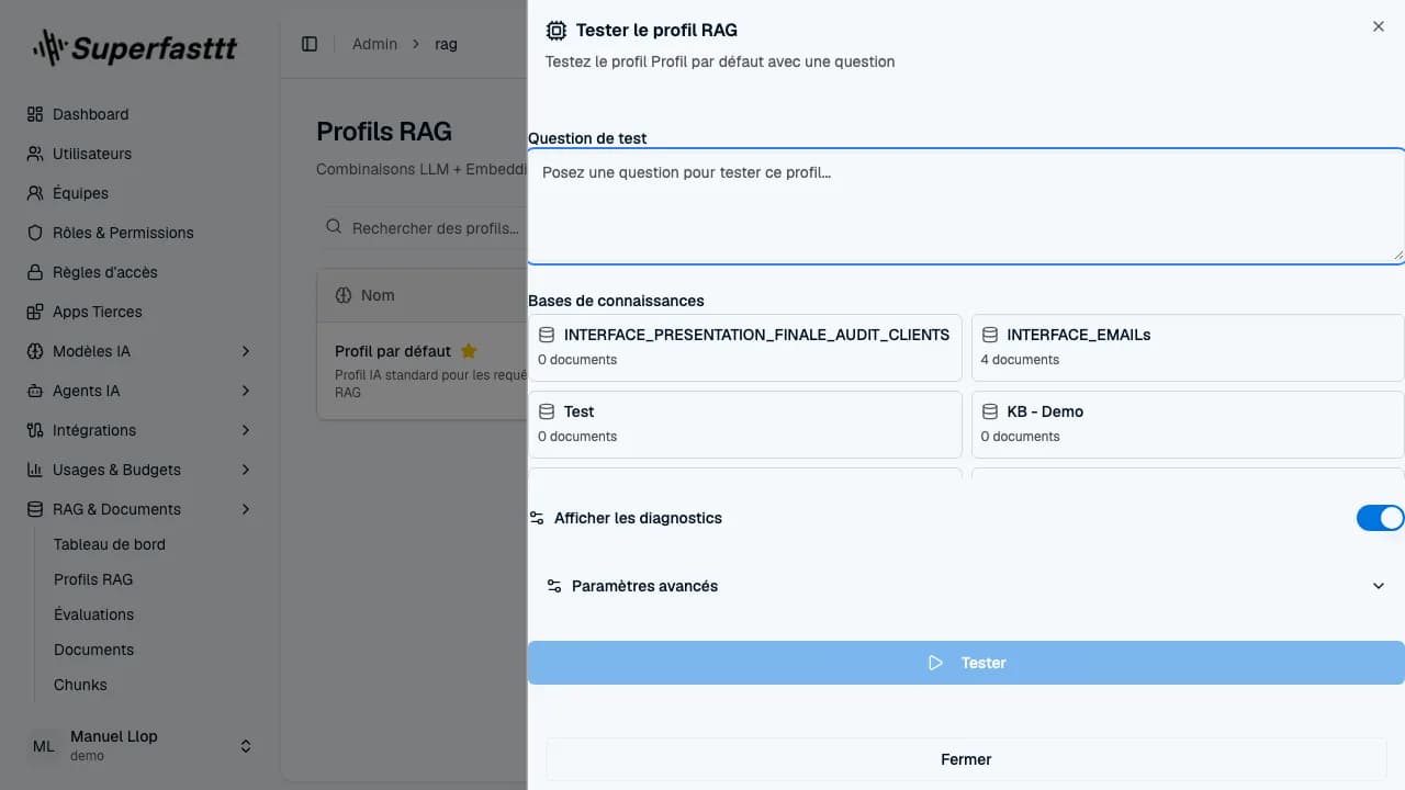 Panneau Tester le profil RAG — Question de test, sélecteur de Bases de connaissances, bascule Afficher les diagnostics, Paramètres avancés, bouton Tester