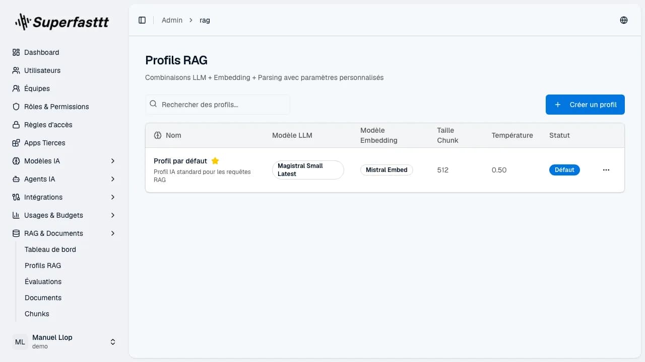 Liste des Profils RAG — recherche, tableau Nom / Modèle LLM / Modèle Embedding / Taille Chunk / Température / Statut, badge Défaut sur le profil par défaut