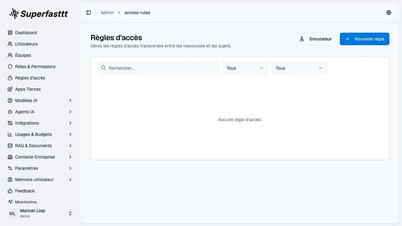 Page Règles d'accès — règles d'attribution automatique de permissions aux utilisateurs selon des critères (équipe, e-mail, domaine, etc.)