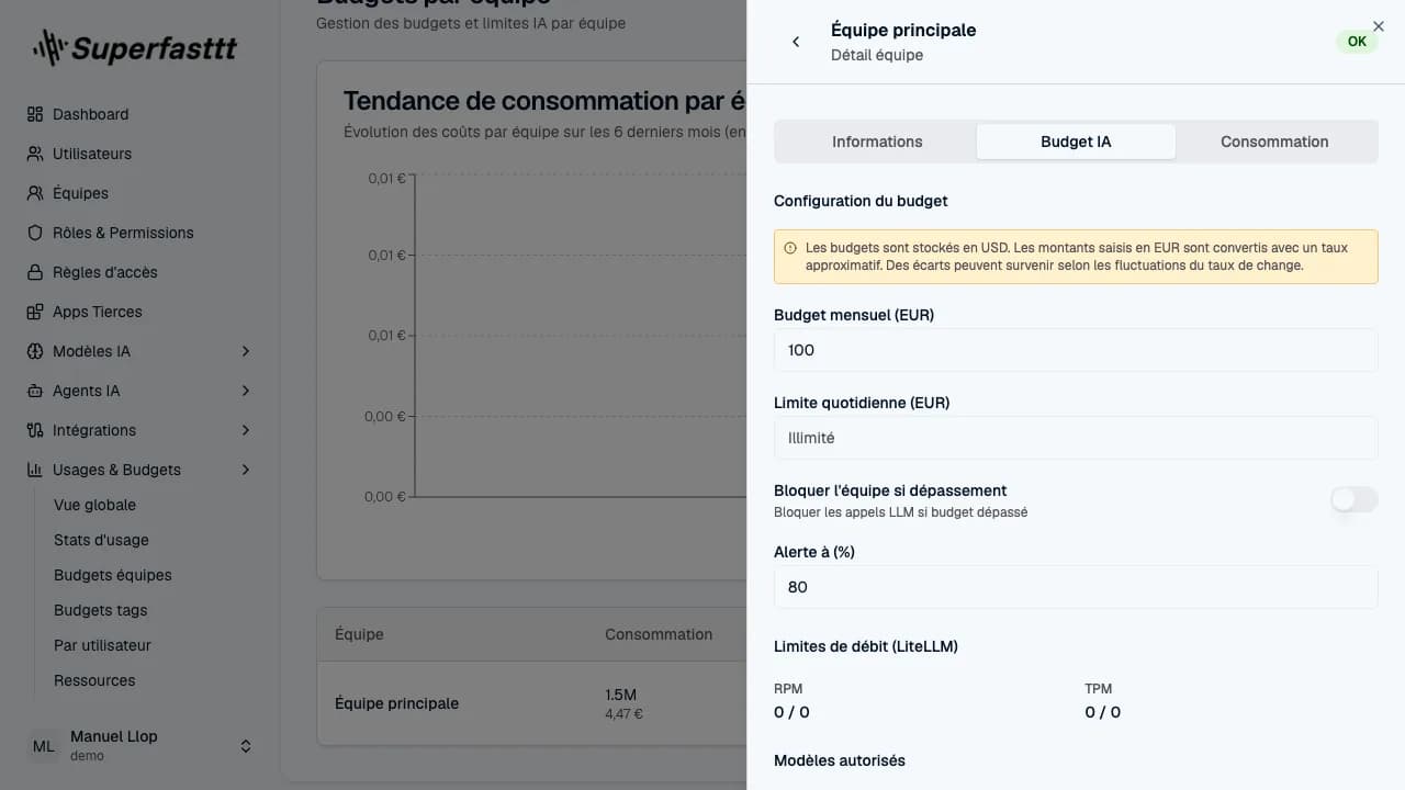 Panneau Détail équipe — onglet Budget IA actif avec Budget mensuel, Limite quotidienne, Bloquer si dépassement, Alerte (%), Limites de débit (RPM/TPM) et Modèles autorisés