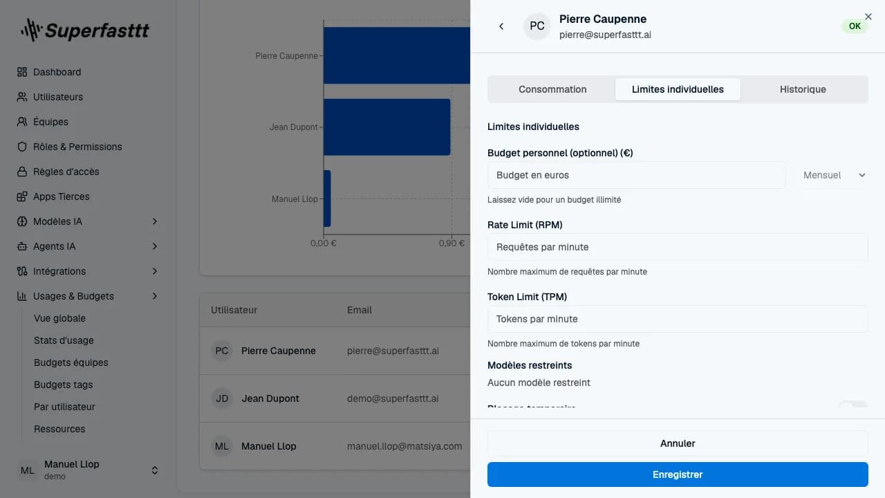 Panneau Détail utilisateur — onglet Limites individuelles actif avec Budget personnel, Rate Limit (RPM), Token Limit (TPM), Modèles restreints, Blocage temporaire et boutons Annuler / Enregistrer
