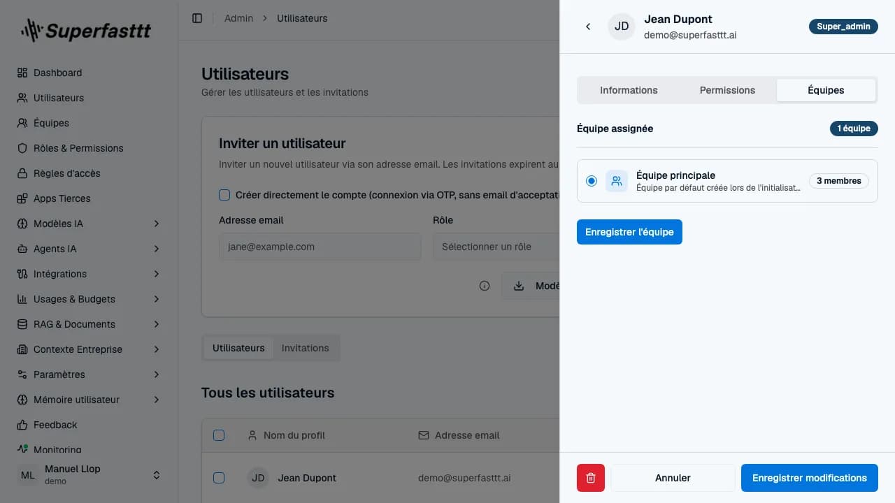 Panneau utilisateur — onglet Équipes : équipe assignée et bouton « Enregistrer l'équipe »
