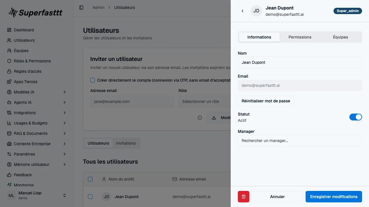 Panneau utilisateur — onglet Informations : Nom, Email, Réinitialiser mot de passe, Statut, Manager