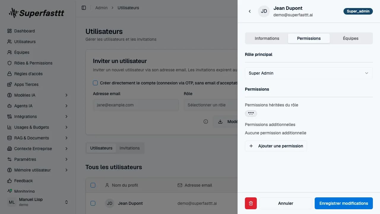 Panneau utilisateur — onglet Permissions : rôle principal, permissions héritées et permissions additionnelles